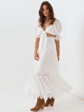 Spell Daisy Chain eyelet lace Maxi Skirt White